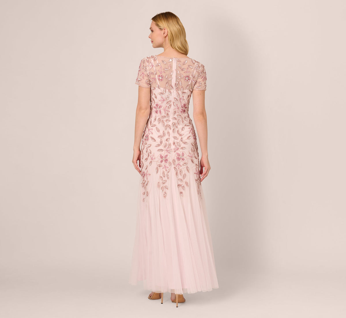 Hand Beaded Short Sleeve Floral Godet Gown - Blush Pink | Adrianna Papell