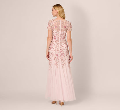 Hand Beaded Short Sleeve Floral Godet Gown - Blush Pink | Adrianna Papell