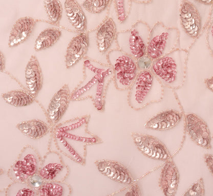 Hand Beaded Short Sleeve Floral Godet Gown - Blush Pink | Adrianna Papell