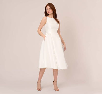 Sleeveless Mikado Fit And Flare Midi Dress With V-Back - Ivory | Adrianna Papell