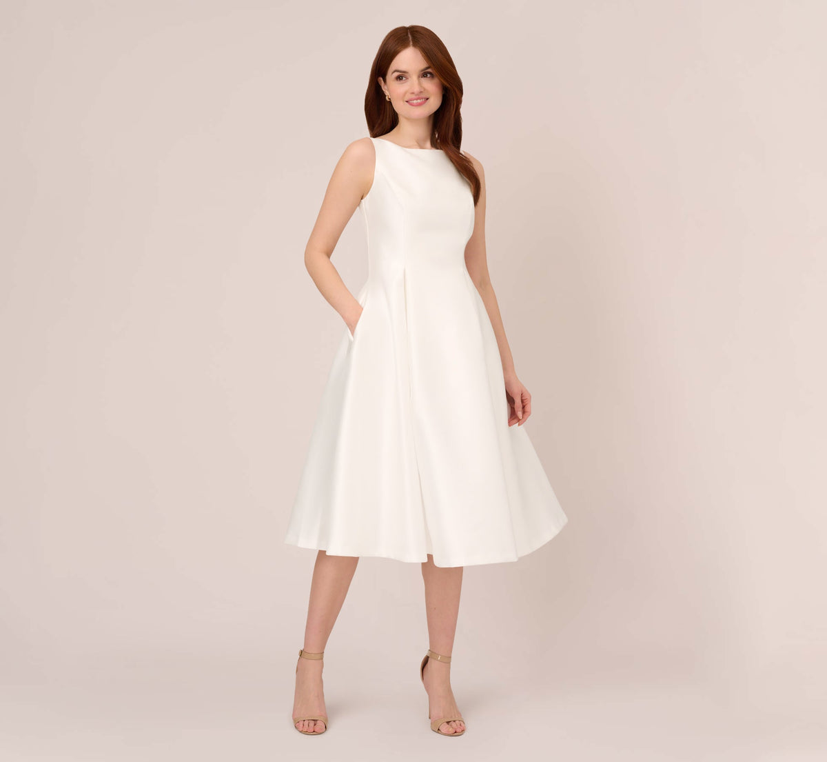 Sleeveless Mikado Fit And Flare Midi Dress With V-Back - Ivory | Adrianna Papell