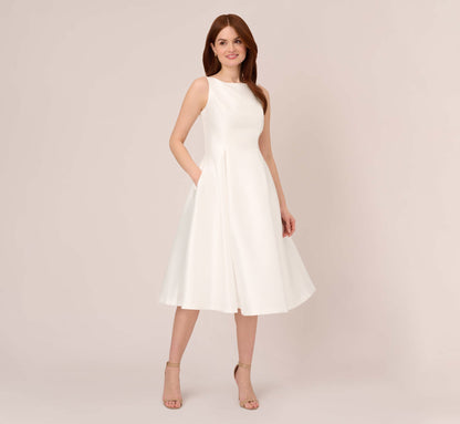 Sleeveless Mikado Fit And Flare Midi Dress With V-Back - Ivory | Adrianna Papell