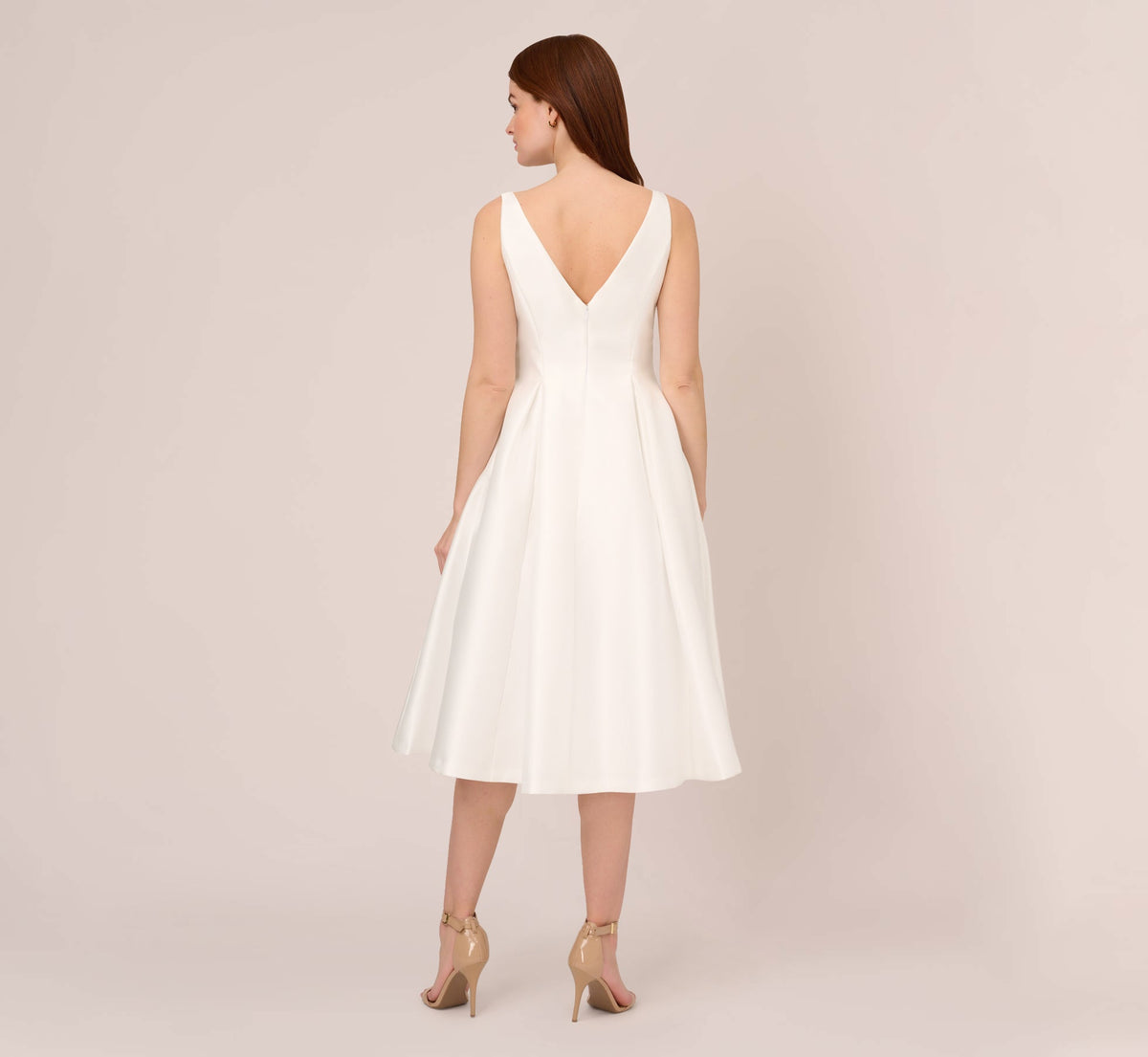 Sleeveless Mikado Fit And Flare Midi Dress With V-Back - Ivory | Adrianna Papell