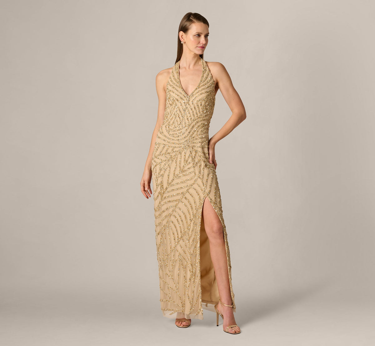 Sunburst Art Deco Beaded Halter Gown - Gold | Adrianna Papell