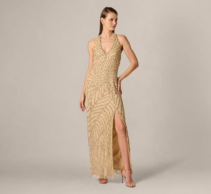 Sunburst Art Deco Beaded Halter Gown - Gold | Adrianna Papell