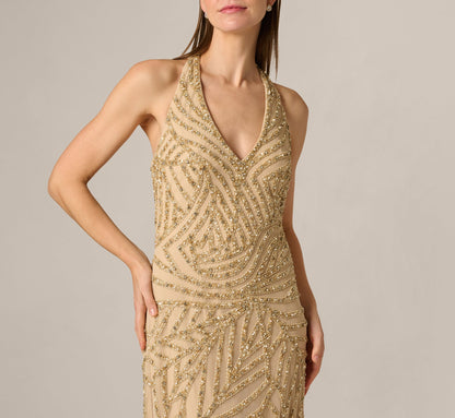 Sunburst Art Deco Beaded Halter Gown - Gold | Adrianna Papell