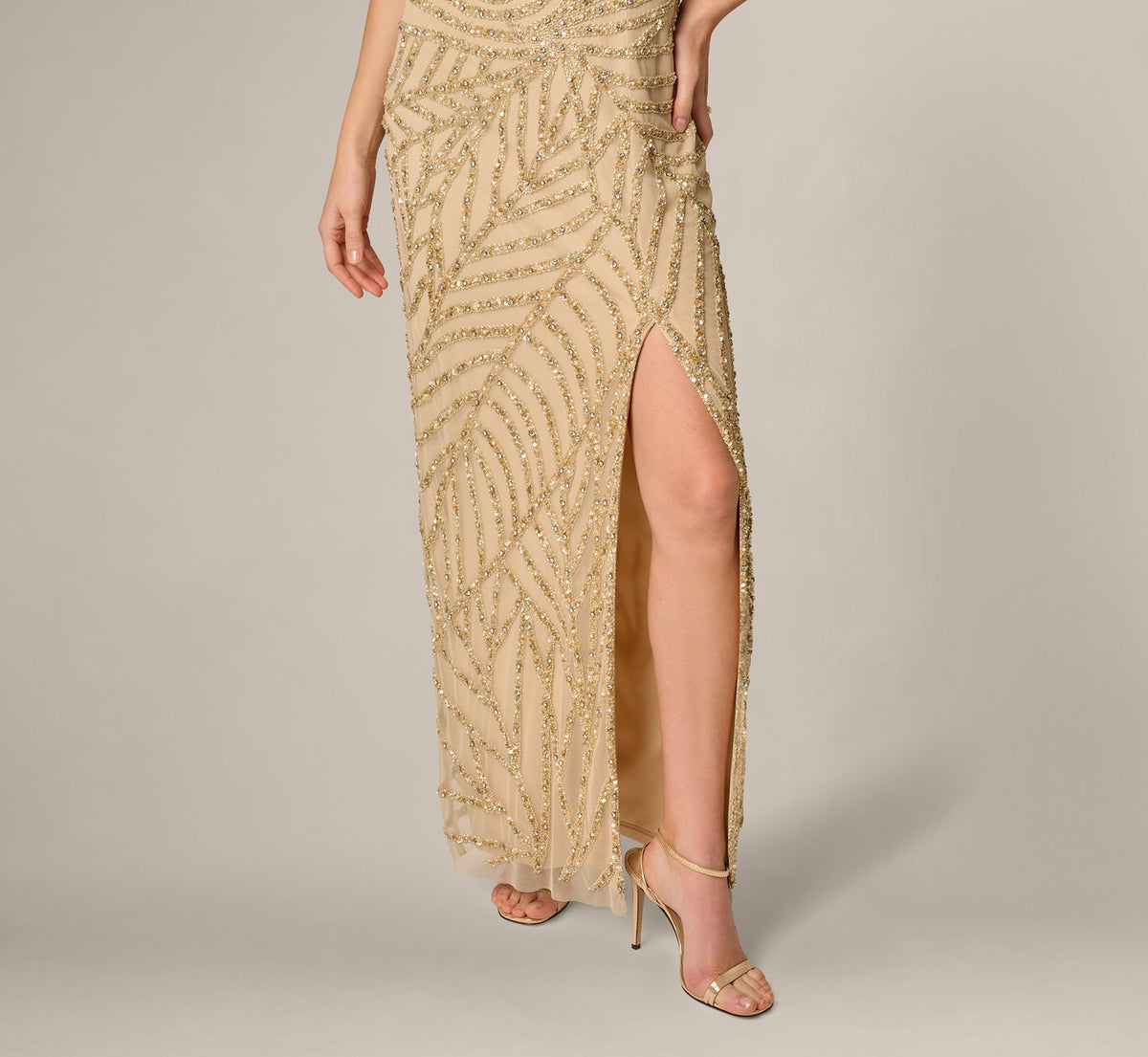 Sunburst Art Deco Beaded Halter Gown - Gold | Adrianna Papell