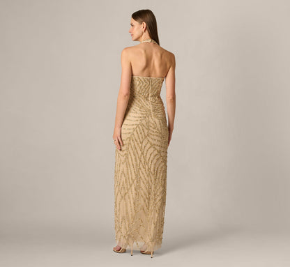 Sunburst Art Deco Beaded Halter Gown - Gold | Adrianna Papell