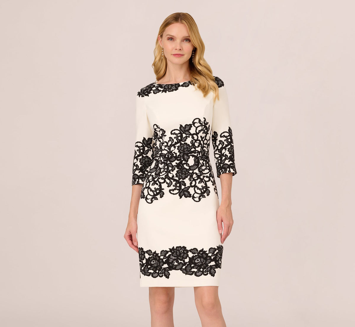 Scroll Lace Midi Dress With Three Quarter Sleeves - Ivory Black | Adrianna Papell