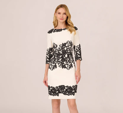 Scroll Lace Midi Dress With Three Quarter Sleeves - Ivory Black | Adrianna Papell