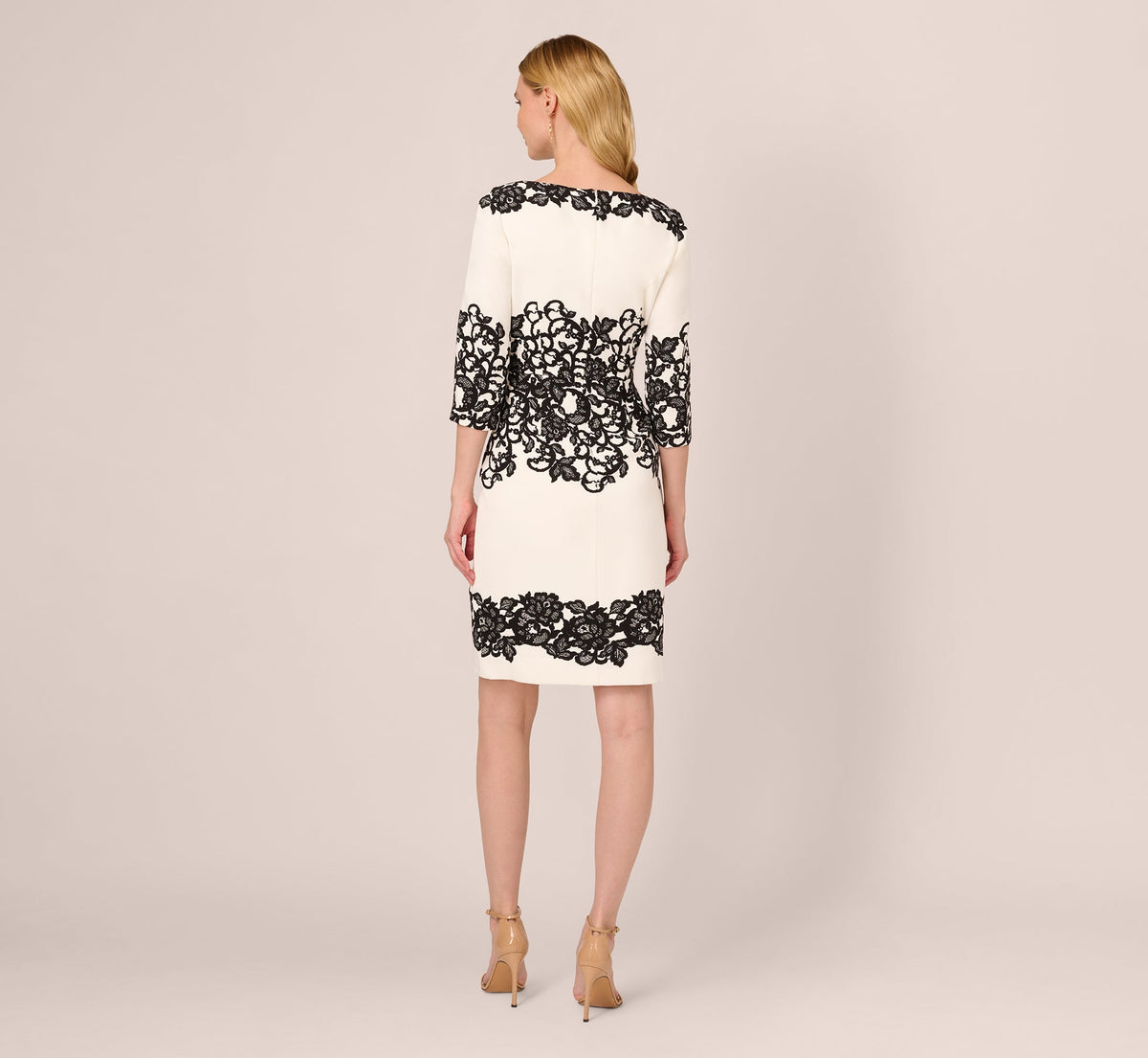 Scroll Lace Midi Dress With Three Quarter Sleeves - Ivory Black | Adrianna Papell