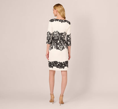 Scroll Lace Midi Dress With Three Quarter Sleeves - Ivory Black | Adrianna Papell