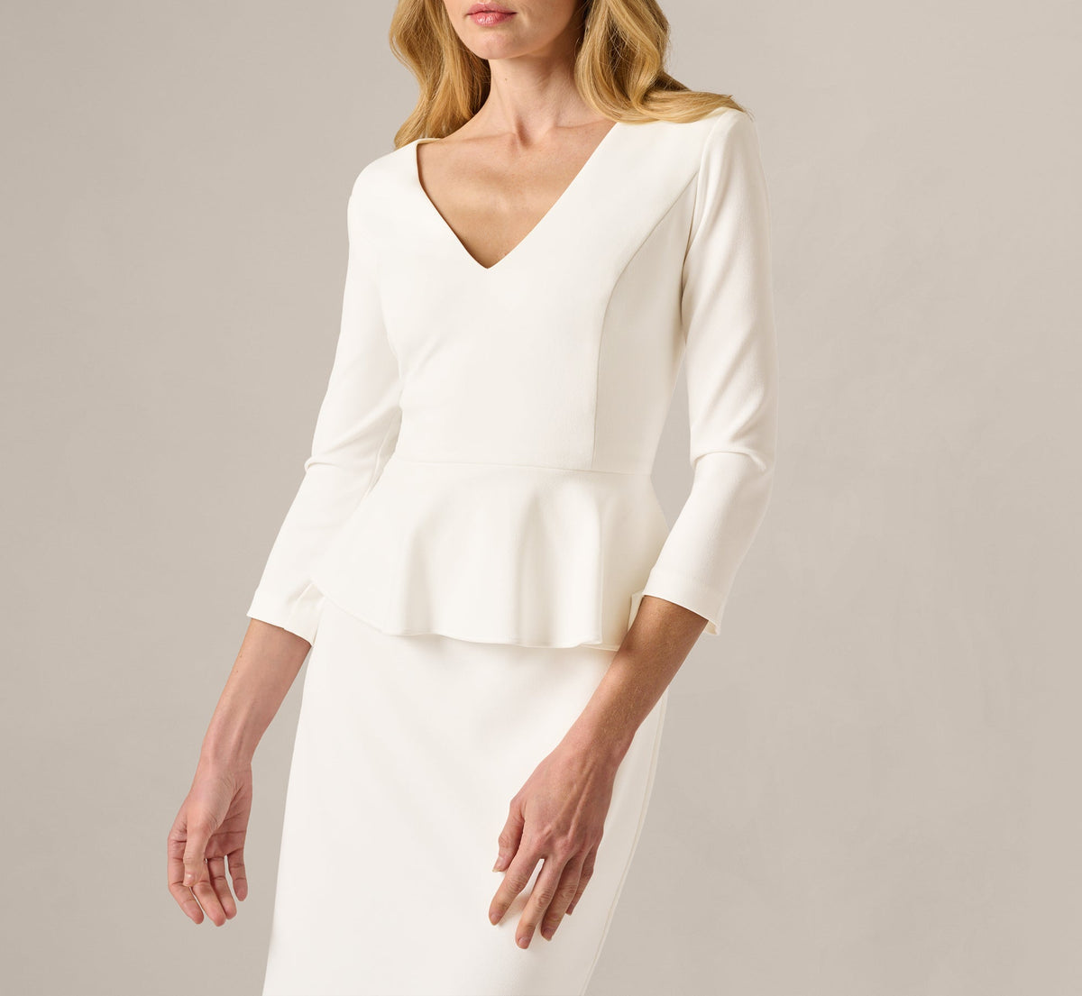 Three Quarter Sleeve Peplum Sheath Dress - Ivory | Adrianna Papell