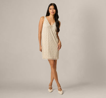 Floral Lattice Beaded Bow Trim Shift Dress - Ivory Pearl | Adrianna Papell