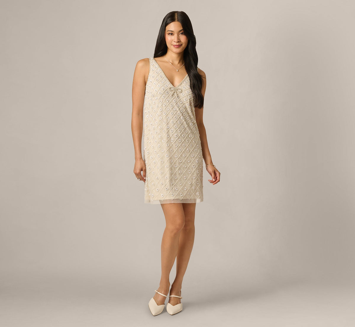 Floral Lattice Beaded Bow Trim Shift Dress - Ivory Pearl | Adrianna Papell