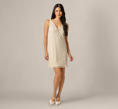 Floral Lattice Beaded Bow Trim Shift Dress - Ivory Pearl | Adrianna Papell