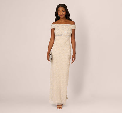 Off Shoulder Pearly Beaded Column Gown - Ivory Nude | Adrianna Papell
