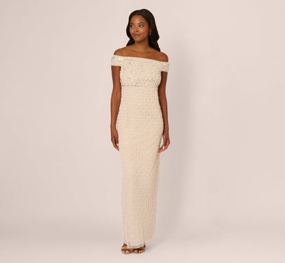 Off Shoulder Pearly Beaded Column Gown - Ivory Nude | Adrianna Papell