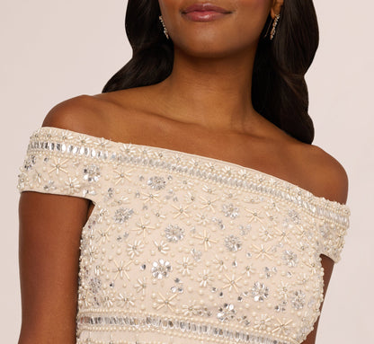 Off Shoulder Pearly Beaded Column Gown - Ivory Nude | Adrianna Papell