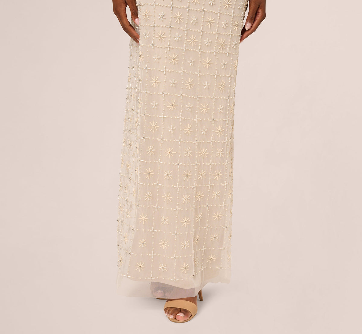 Off Shoulder Pearly Beaded Column Gown - Ivory Nude | Adrianna Papell