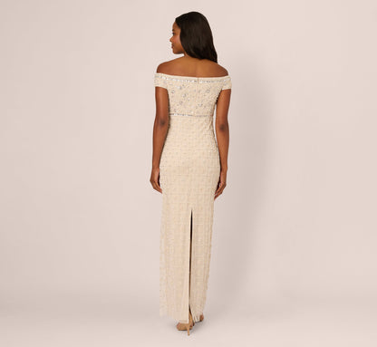 Off Shoulder Pearly Beaded Column Gown - Ivory Nude | Adrianna Papell