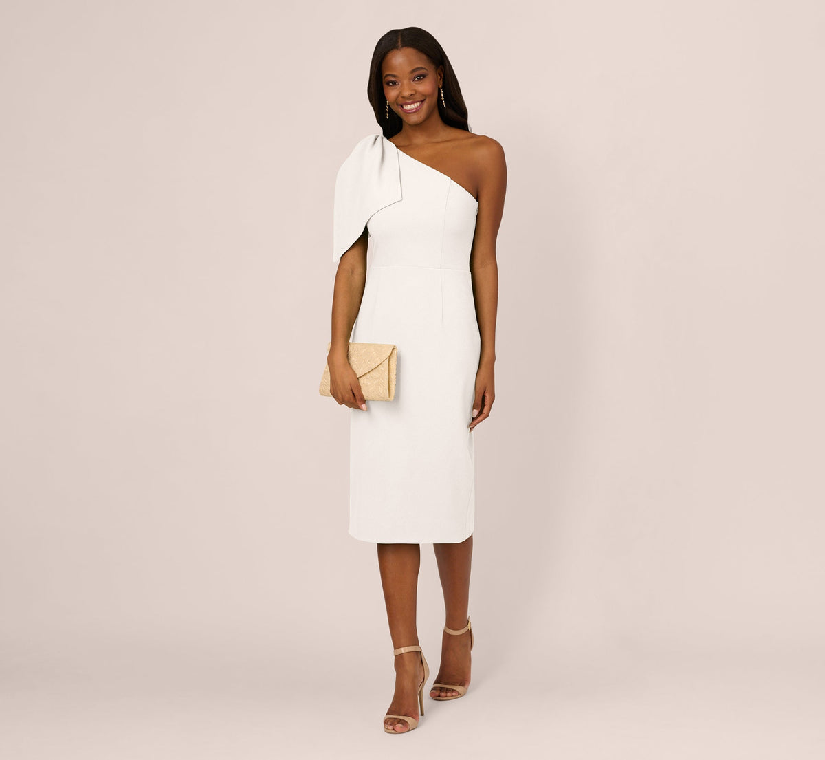 One Shoulder Midi Dress With Bow Accent - Ivory | Adrianna Papell