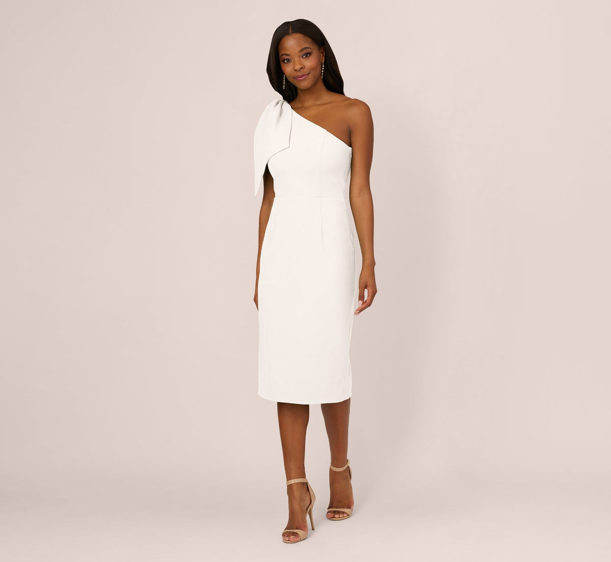 One Shoulder Midi Dress With Bow Accent - Ivory | Adrianna Papell