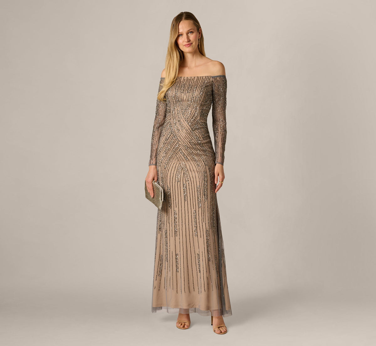 Hand Beaded Off Shoulder Gown - Sterling | Adrianna Papell