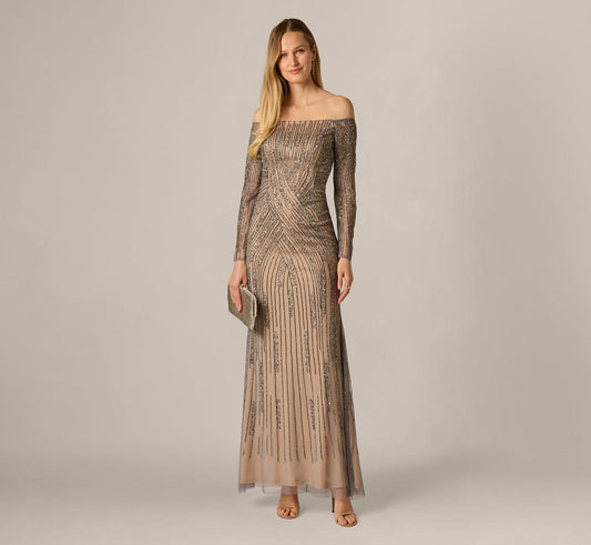 Hand Beaded Off Shoulder Gown - Sterling | Adrianna Papell