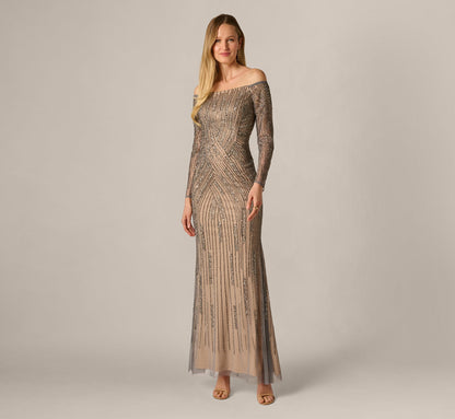 Hand Beaded Off Shoulder Gown - Sterling | Adrianna Papell