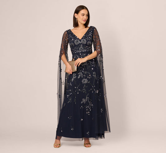 Split Sleeve Floral Beaded Gown - Navy Gunmetal | Adrianna Papell