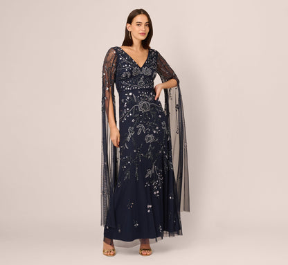Split Sleeve Floral Beaded Gown - Navy Gunmetal | Adrianna Papell