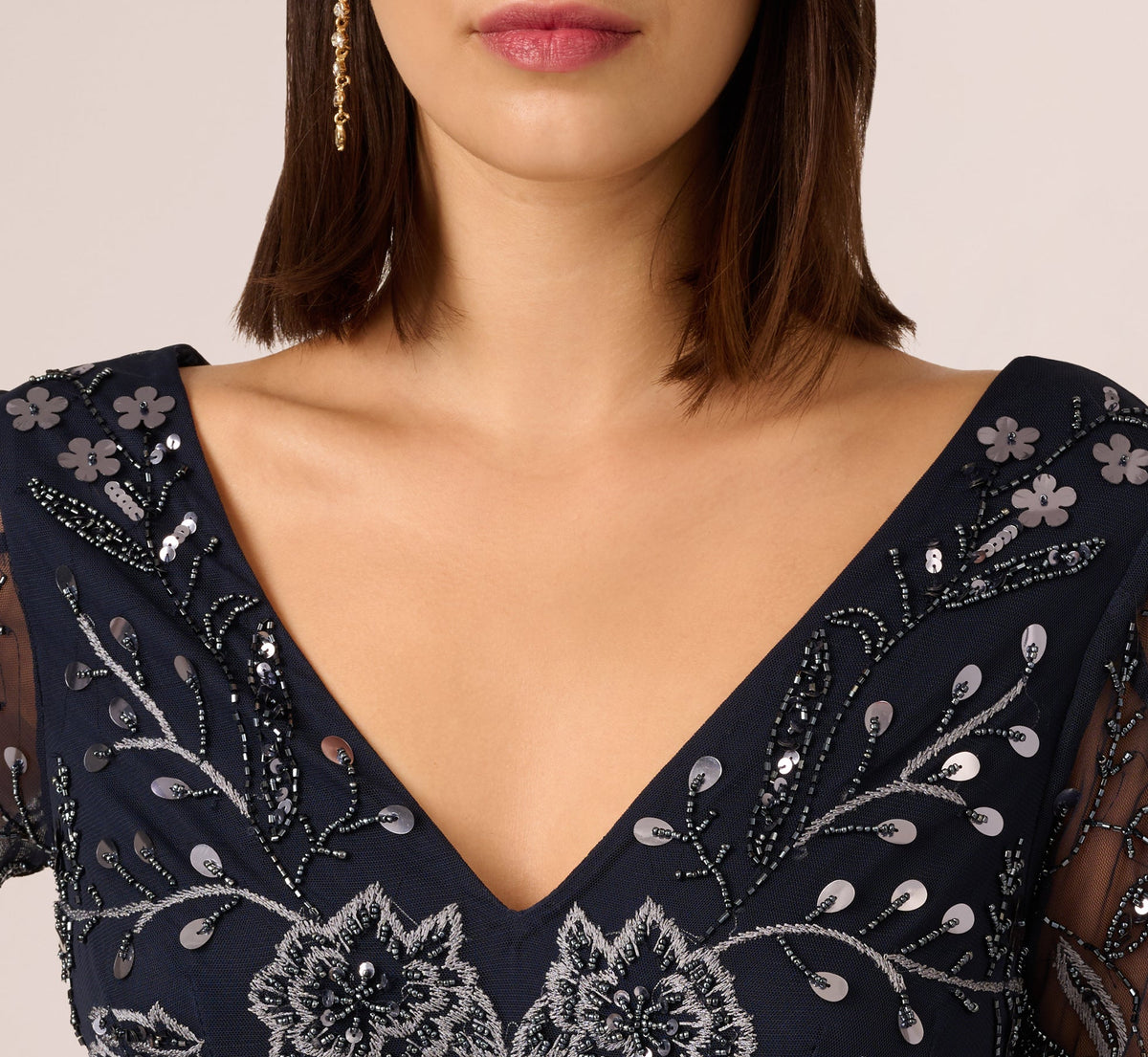 Split Sleeve Floral Beaded Gown - Navy Gunmetal | Adrianna Papell