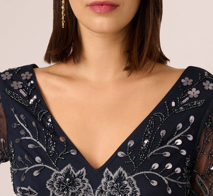 Split Sleeve Floral Beaded Gown - Navy Gunmetal | Adrianna Papell