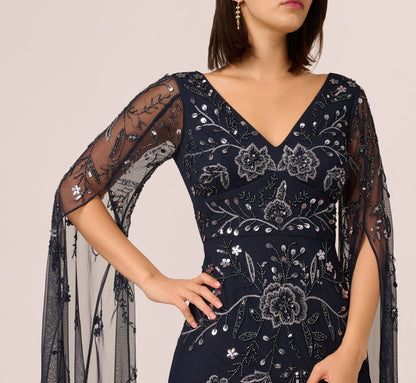 Split Sleeve Floral Beaded Gown - Navy Gunmetal | Adrianna Papell