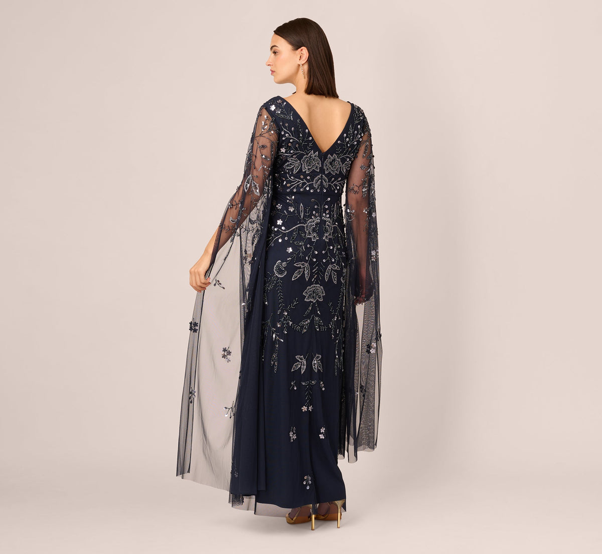 Split Sleeve Floral Beaded Gown - Navy Gunmetal | Adrianna Papell