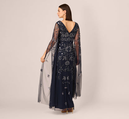 Split Sleeve Floral Beaded Gown - Navy Gunmetal | Adrianna Papell