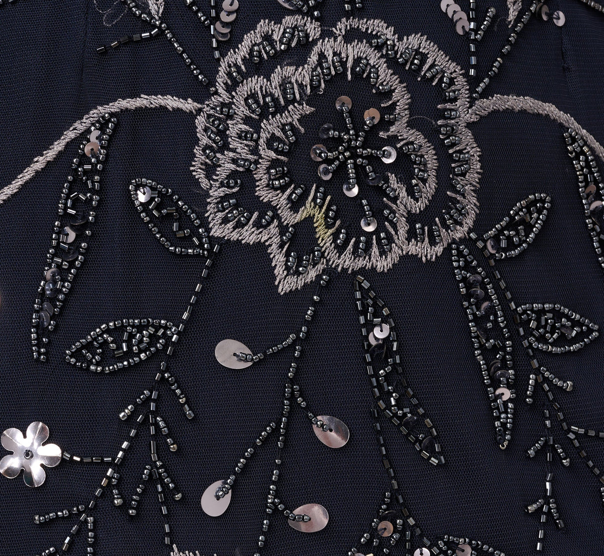 Split Sleeve Floral Beaded Gown - Navy Gunmetal | Adrianna Papell