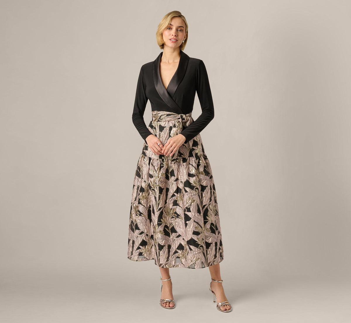 Long Sleeve Combo Tuxedo Ankle Length Gown - Black Blush | Adrianna Papell