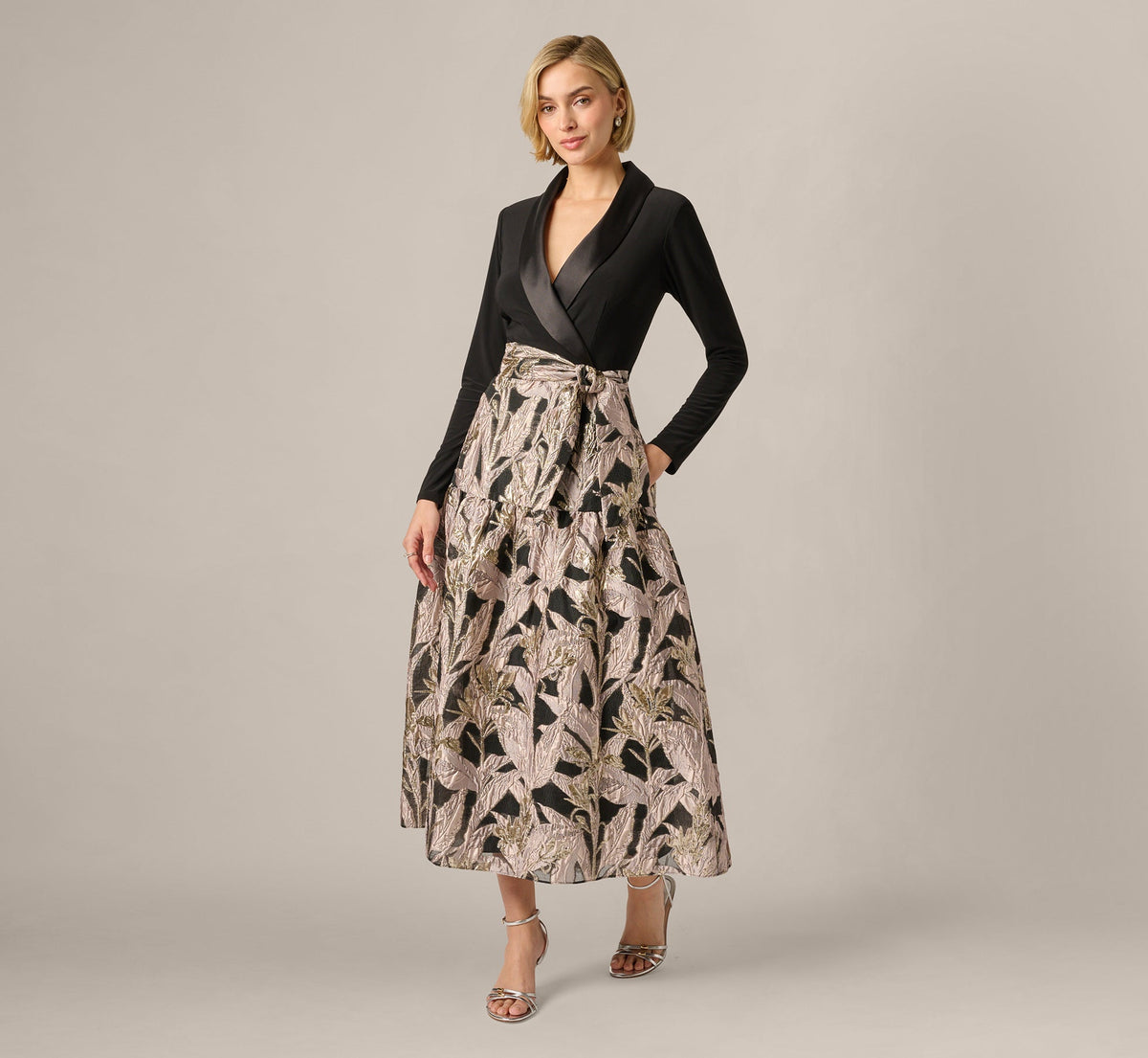 Long Sleeve Combo Tuxedo Ankle Length Gown - Black Blush | Adrianna Papell