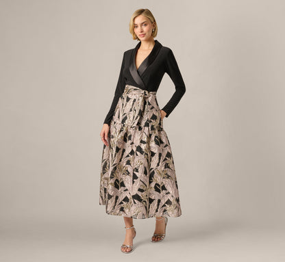 Long Sleeve Combo Tuxedo Ankle Length Gown - Black Blush | Adrianna Papell