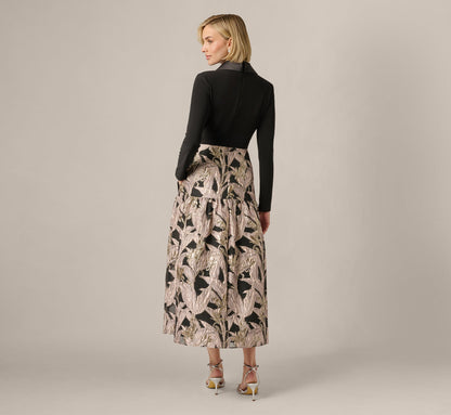 Long Sleeve Combo Tuxedo Ankle Length Gown - Black Blush | Adrianna Papell
