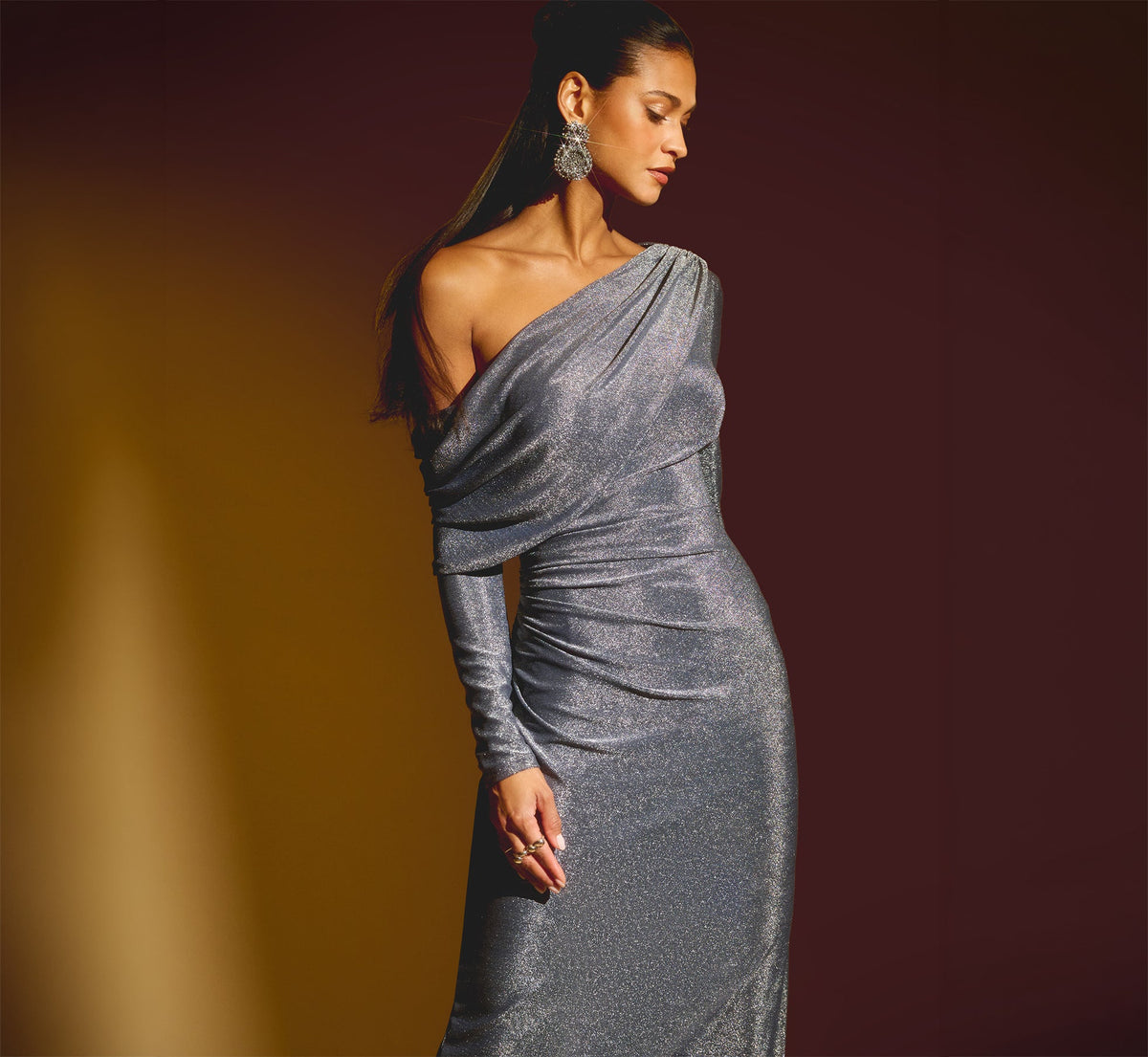 Long Sleeve One Shoulder Draped Metallic Gown - Midnight Blue | Adrianna Papell