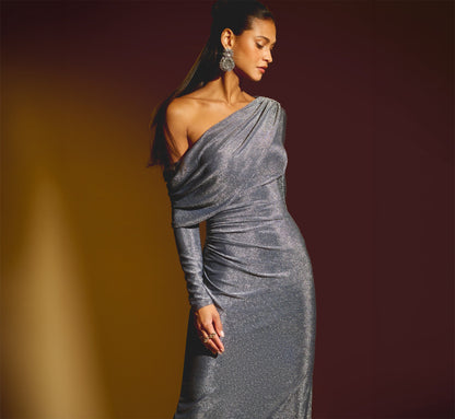 Long Sleeve One Shoulder Draped Metallic Gown - Midnight Blue | Adrianna Papell