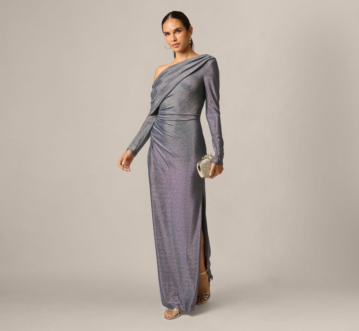 Long Sleeve One Shoulder Draped Metallic Gown - Midnight Blue | Adrianna Papell
