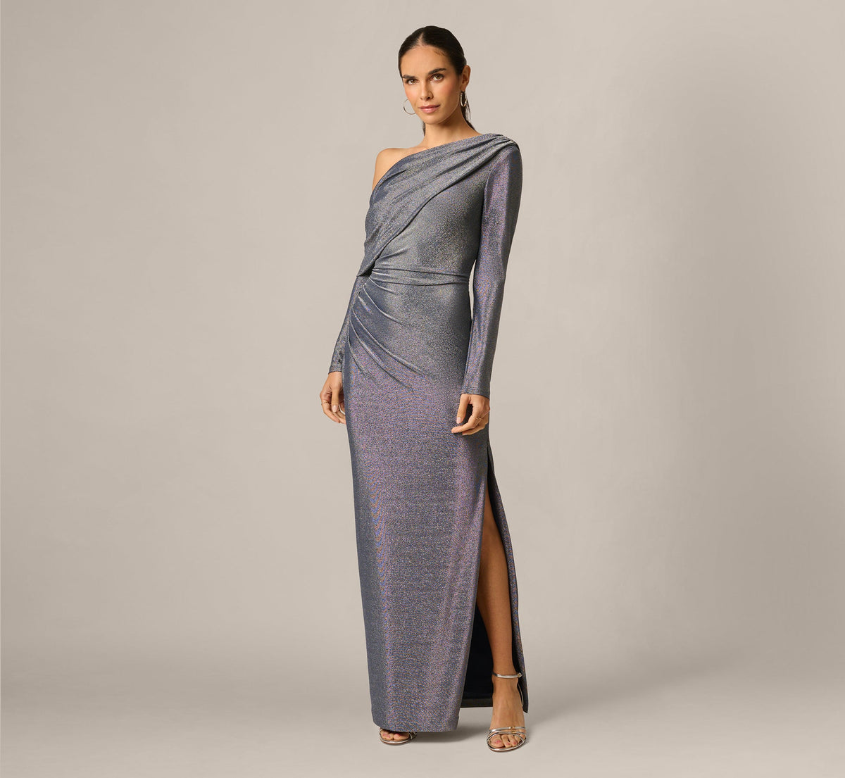 Long Sleeve One Shoulder Draped Metallic Gown - Midnight Blue | Adrianna Papell