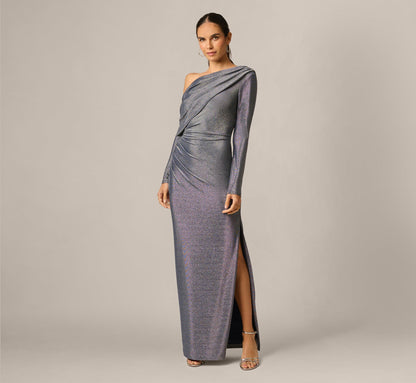 Long Sleeve One Shoulder Draped Metallic Gown - Midnight Blue | Adrianna Papell