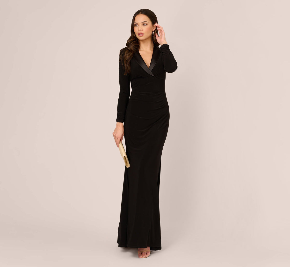 Tuxedo Mermaid Gown With Long Sleeves - Black | Adrianna Papell