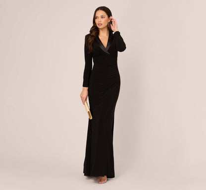 Tuxedo Mermaid Gown With Long Sleeves - Black | Adrianna Papell