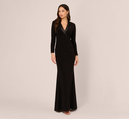 Tuxedo Mermaid Gown With Long Sleeves - Black | Adrianna Papell